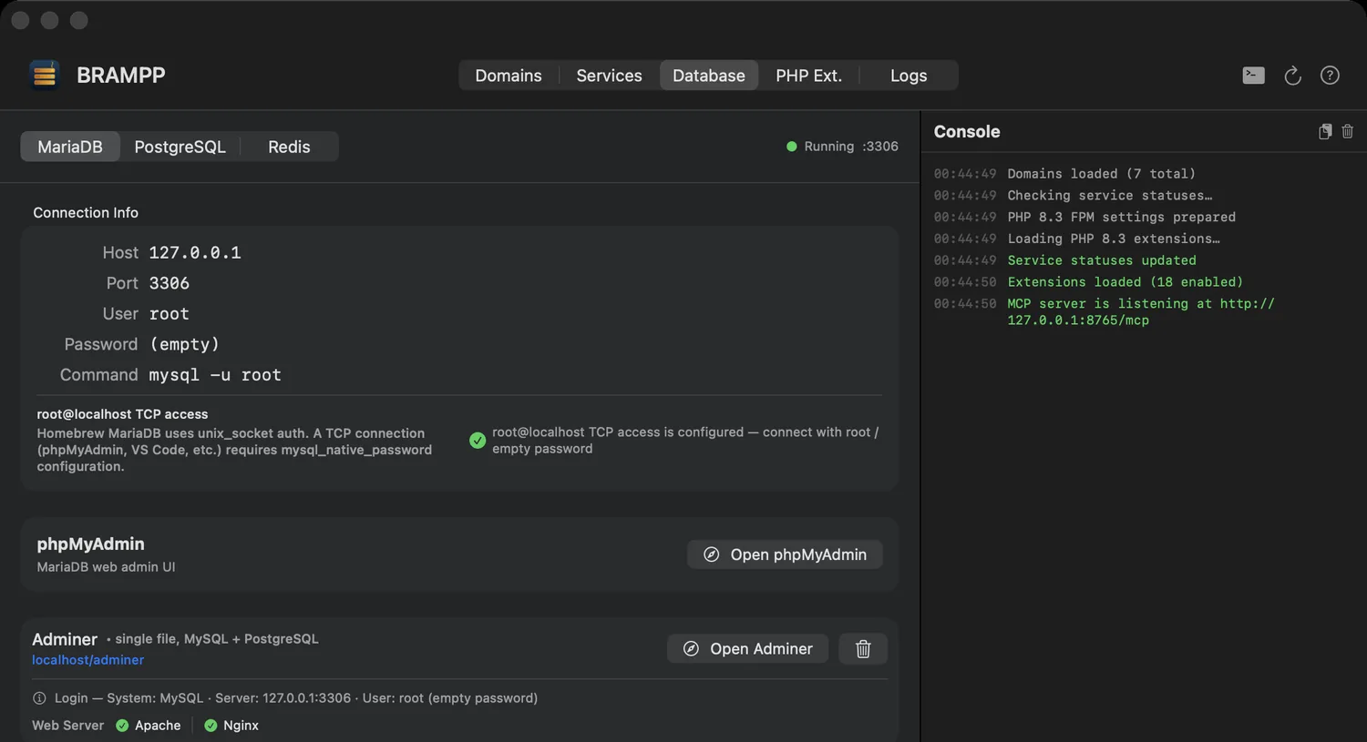 BRAMPP database tab — connection info, root TCP access state and database list