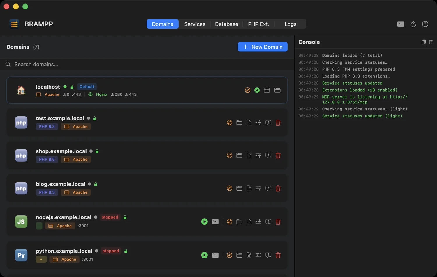 BRAMPP domains tab — local domains with platform badges, SSL and live state