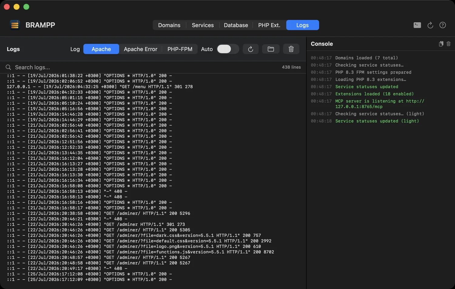 BRAMPP logs tab — combined live log viewer