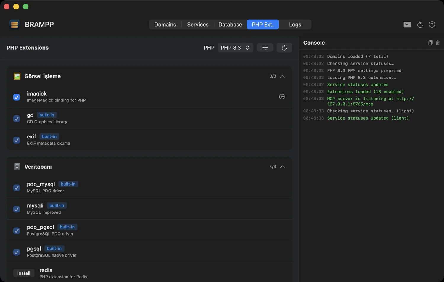 BRAMPP PHP extensions tab — per-version extension manager