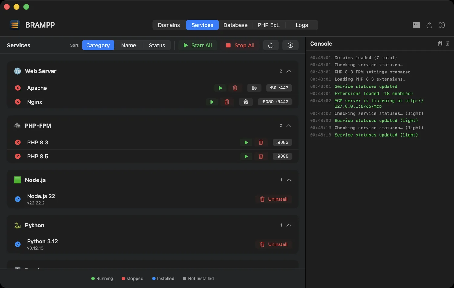 BRAMPP services tab — Homebrew services grouped by category with live status