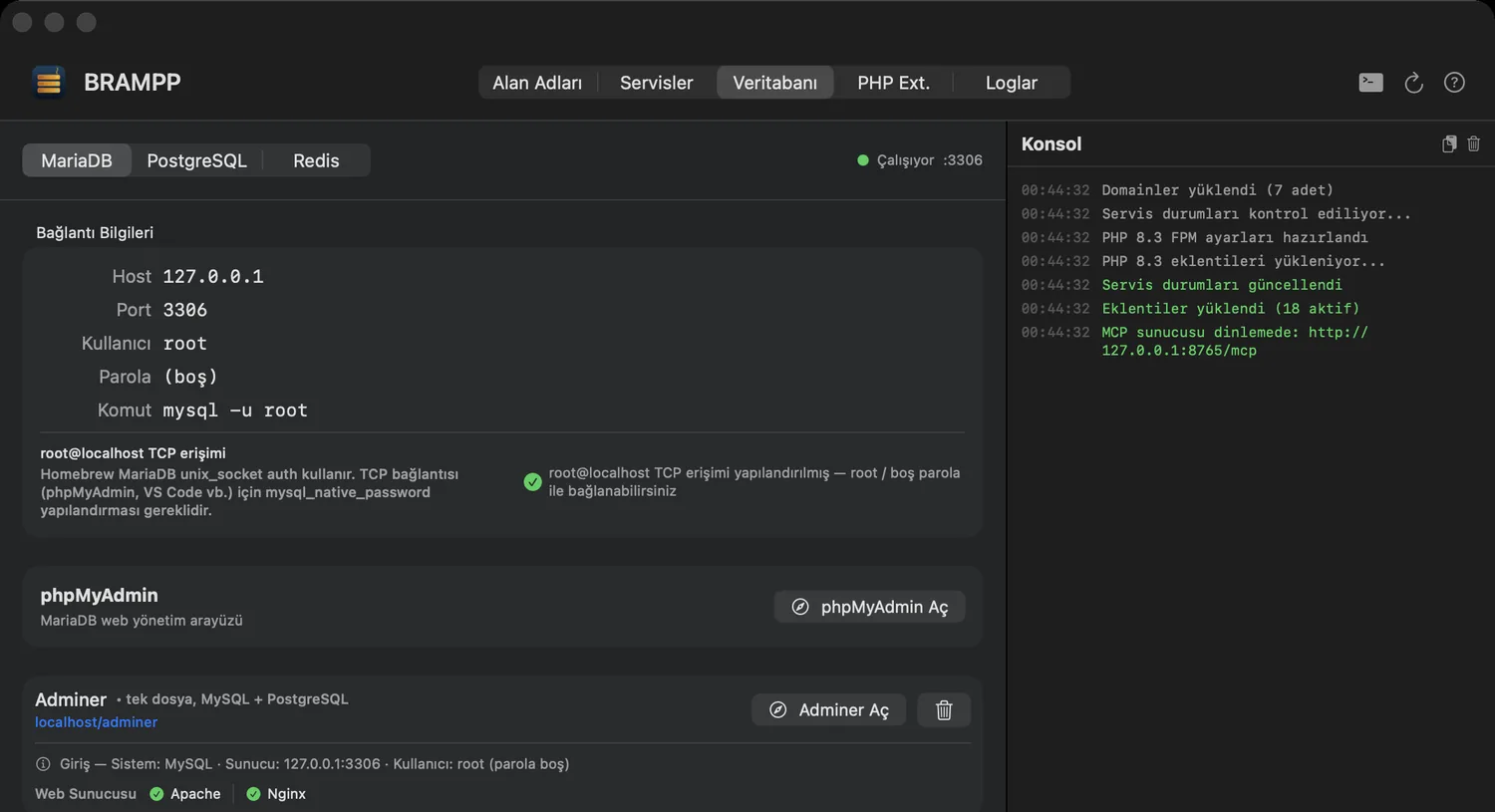 BRAMPP Veritabanı sekmesi — bağlantı bilgileri, root TCP erişim durumu ve veritabanı listesi