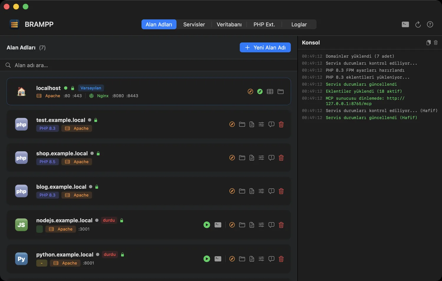 BRAMPP Alan Adları sekmesi — platform rozetleri, SSL ve canlı durum ile yerel alan adları